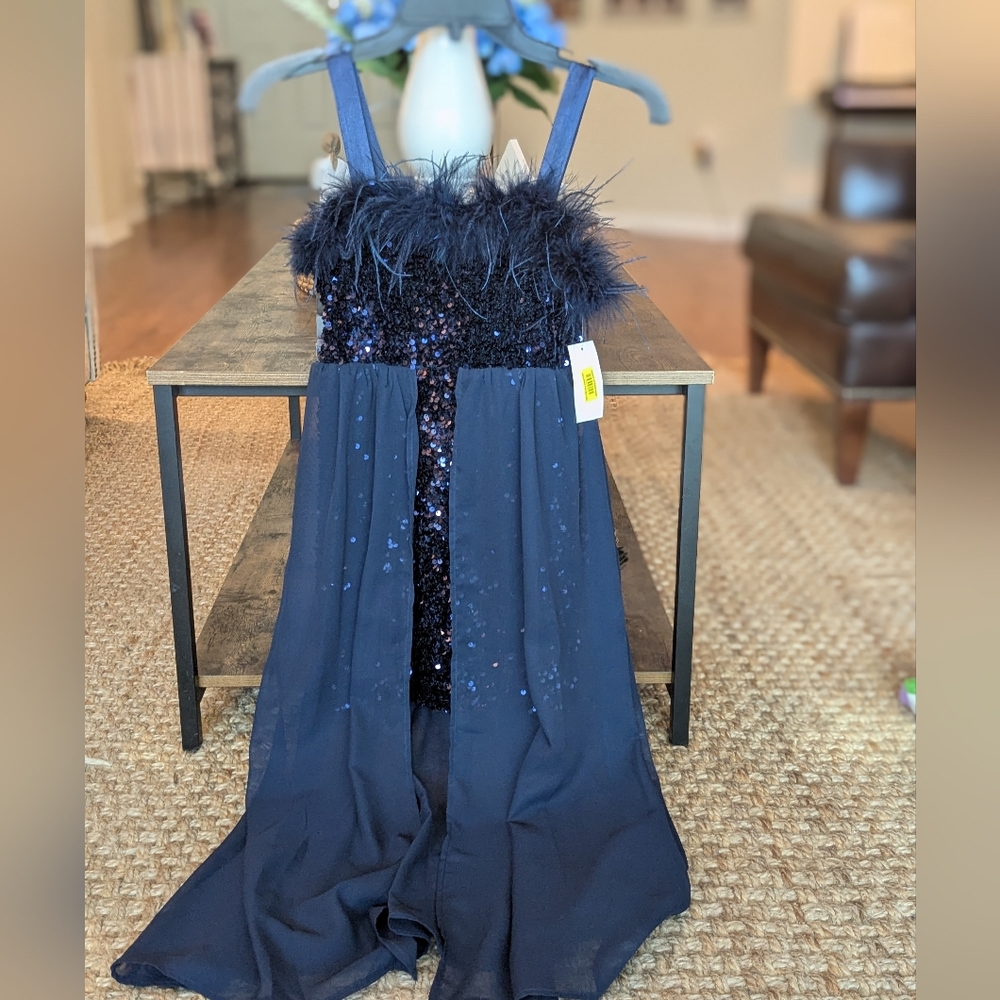 NWT Girls Navy Blue Formal Dress with Sequin and Feather Detail Size 8
